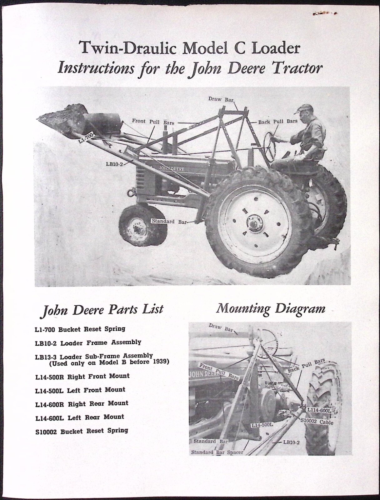 1952 Twin Draulic Model C Loader for John Deere Tractor Instructions Parts Lists