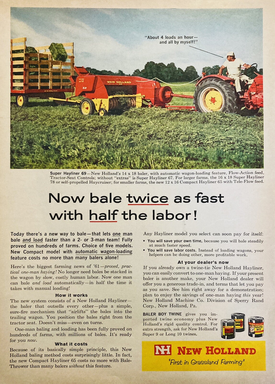 1961 AD.(XH75)~NEW HOLLAND MACHINE CO. PA. SPERRY RAND, SUPER HAYLINER 69 BALER