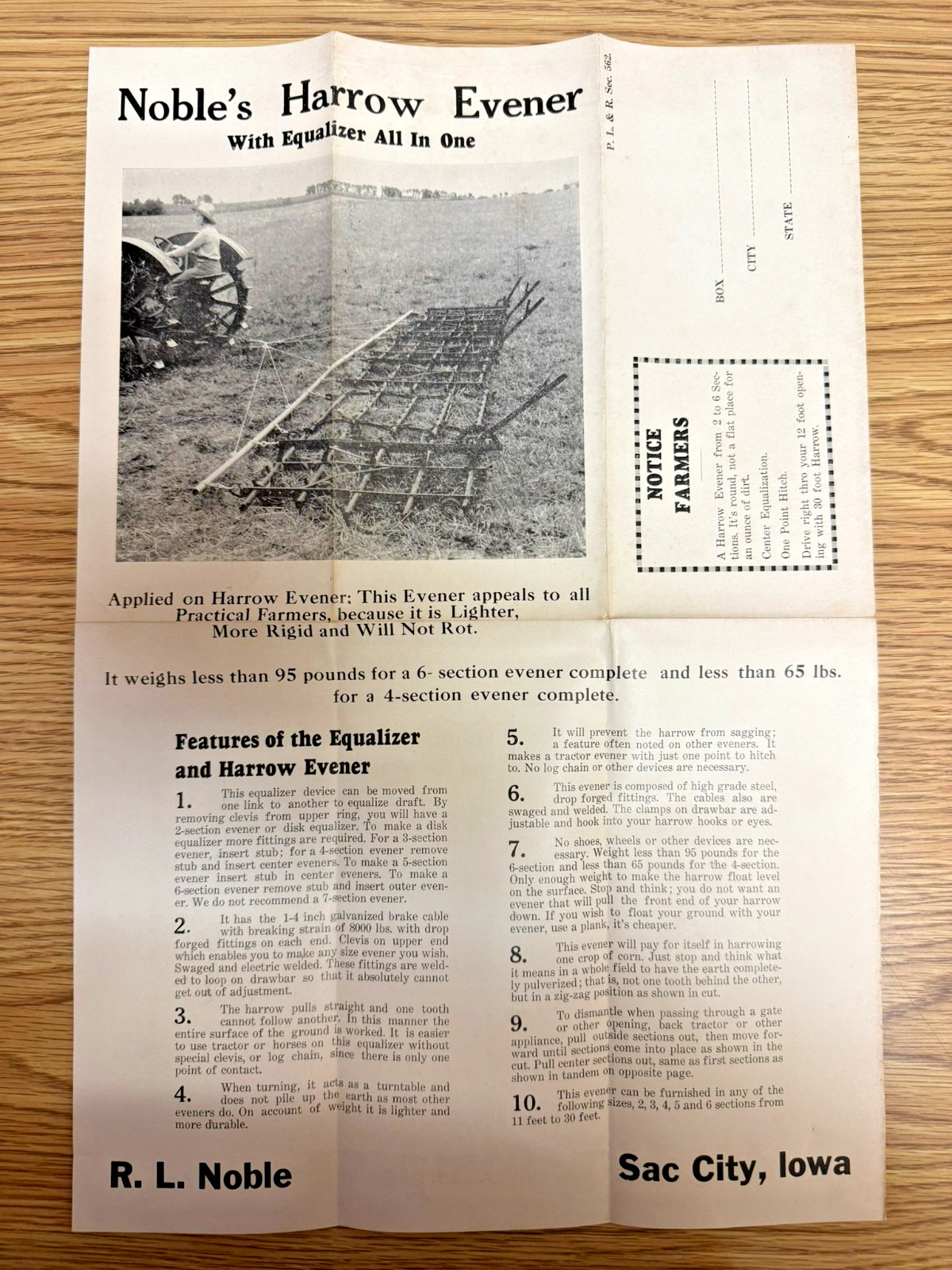 BROCHURE NOBLE HARROW EVENER NOBEL MFG. SAC CITY IOWA