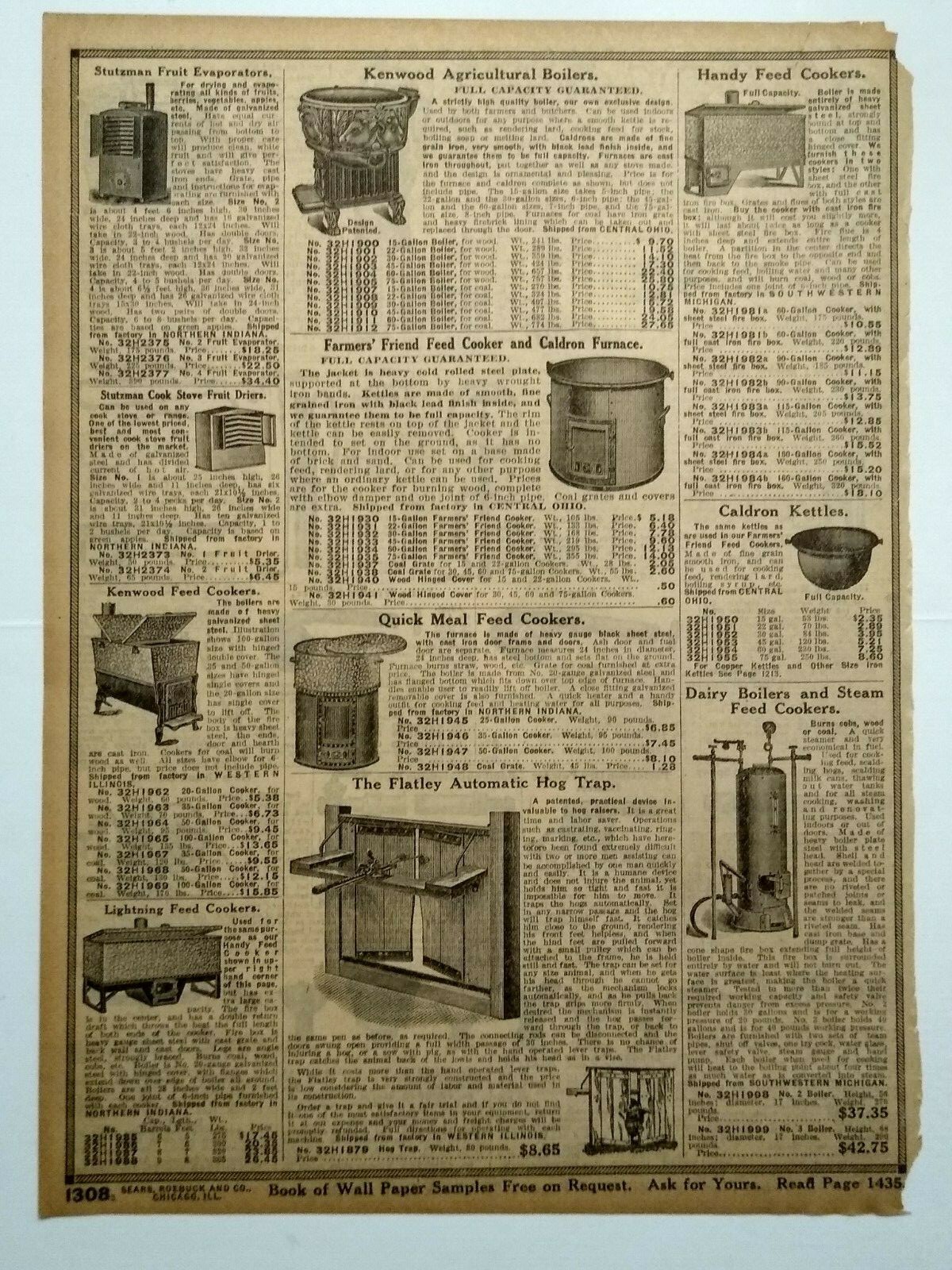 1917 Antique Feed Cooker Farm Machinery Art Sears Catalog Page Vintage Print Ad