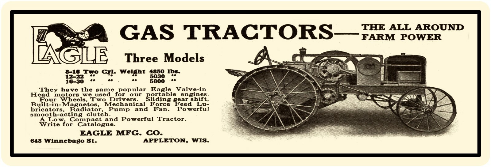 Eagle Gas Tractors Marquee Style New Metal Sign: 6&Prime; x 18&Prime; Appleton, Wisconsin
