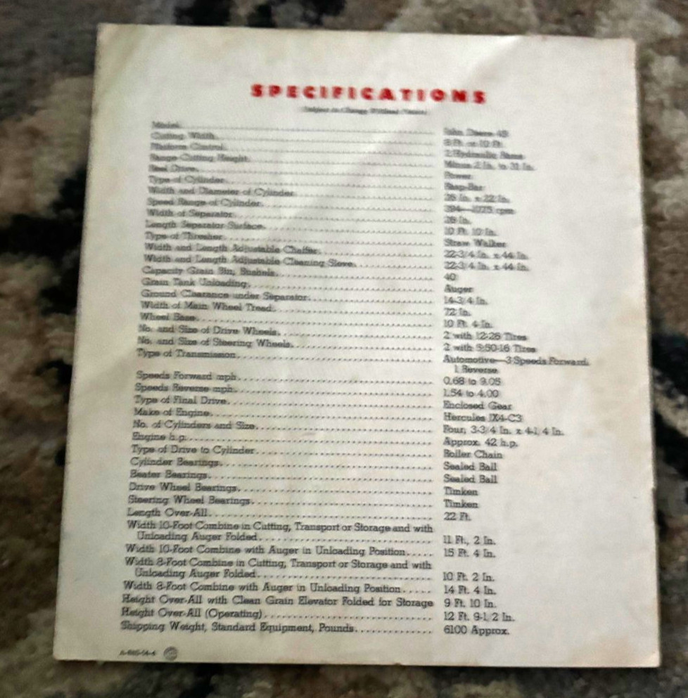 John Deere 45 Self Propelled Combine For 1954 Brochure DCPA26