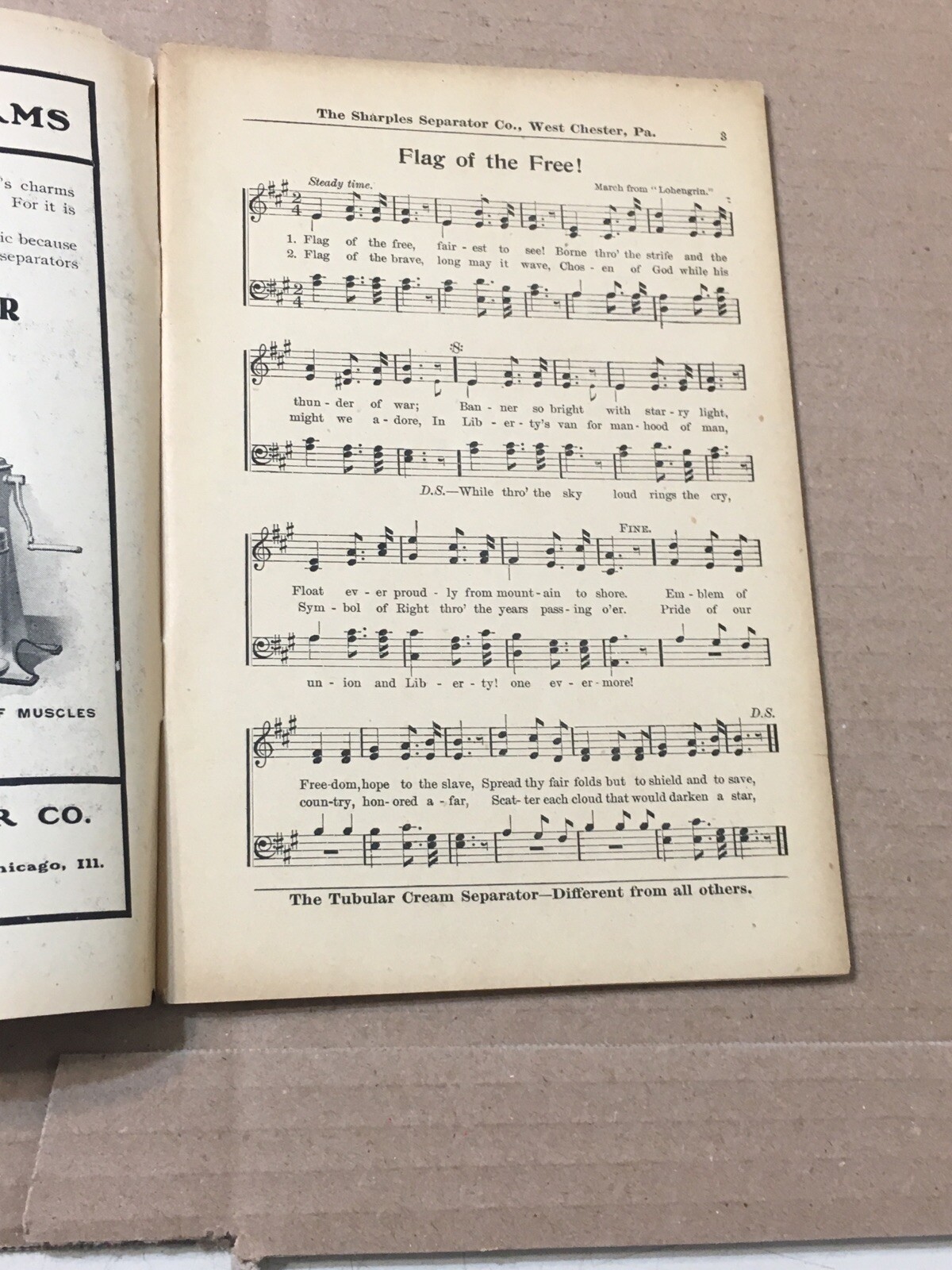 Antique Sharples Separator Co. Old Time Song Book Advertising