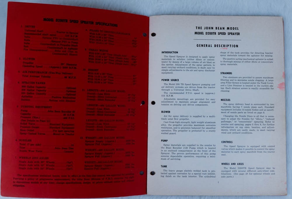 John Bean – Model D-200 TR Speed Sprayer Instruction and Parts Manual 