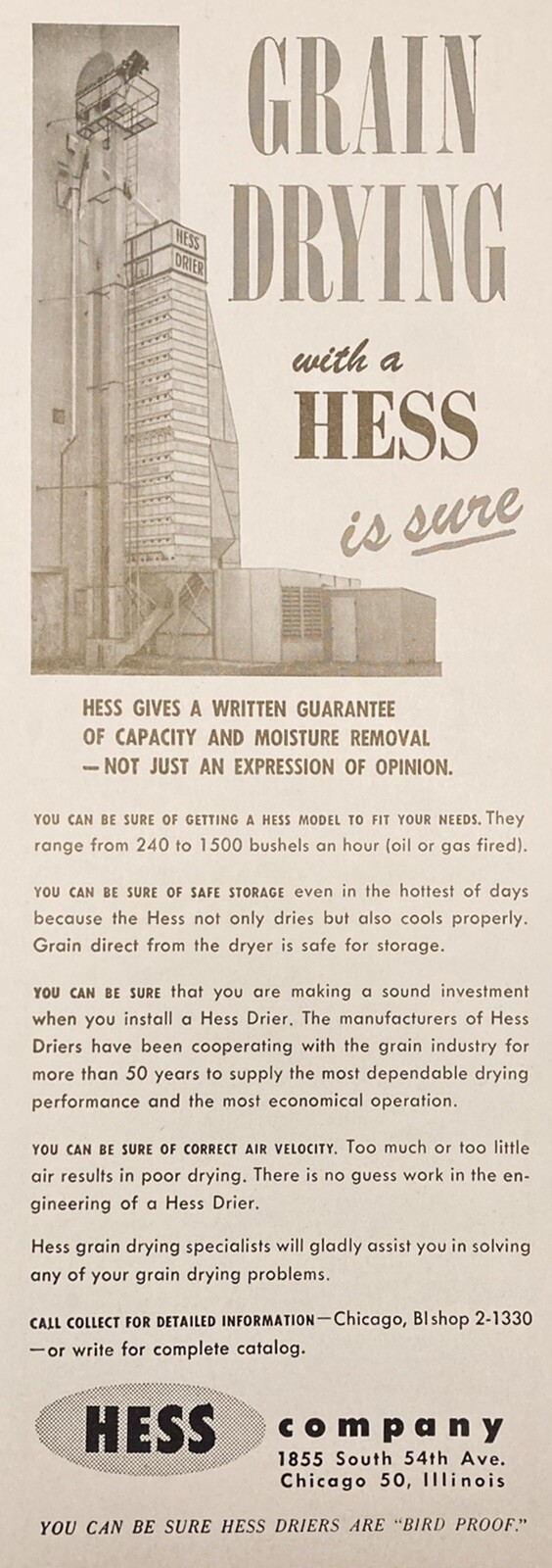 1957 AD(XH53)~MERCURY CO. CHICAGO. HESS GRAIN STORAGE TANK DRYING SYSTEM