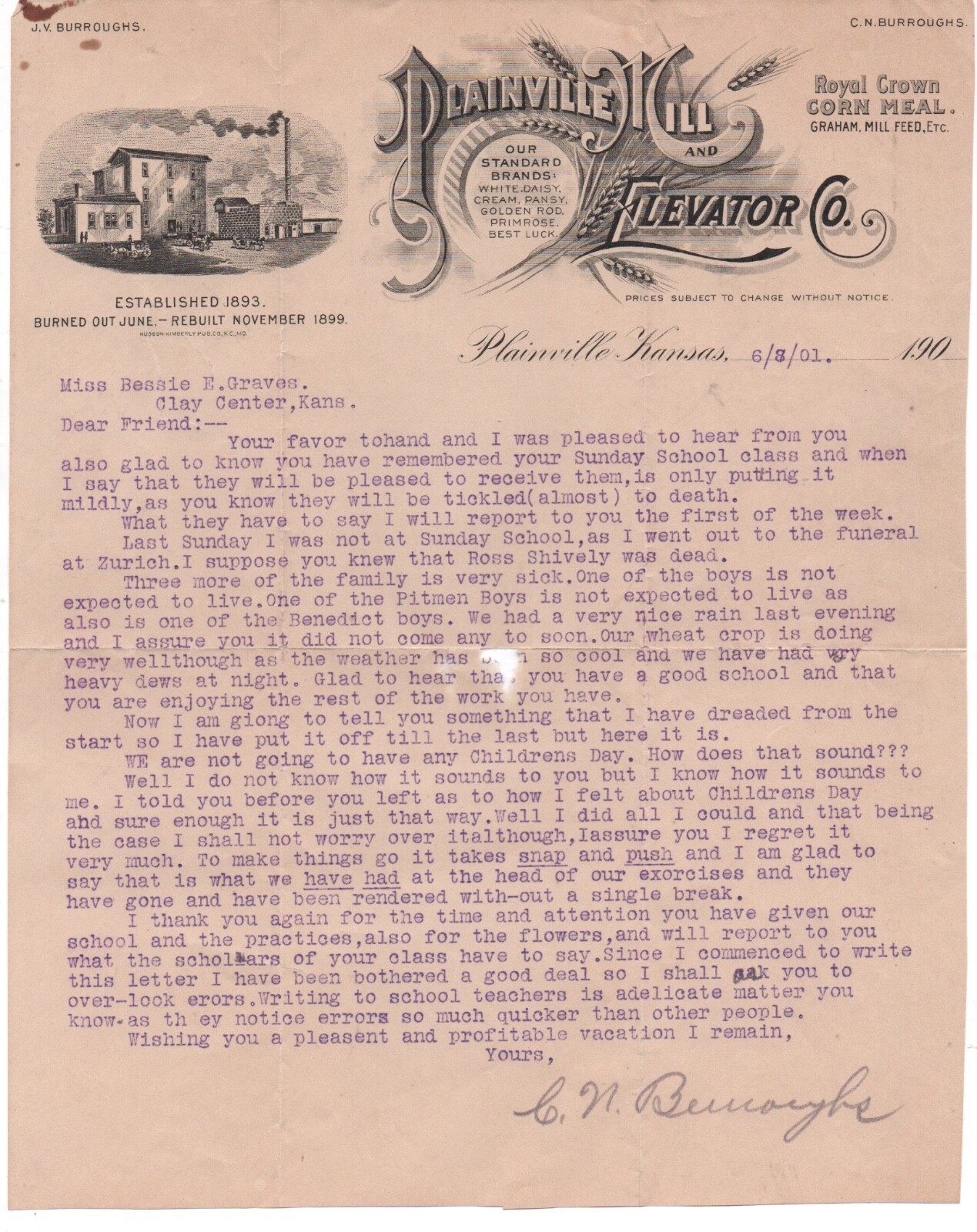 1901 Graphic Letterhead from the Plainville Mill & Elevator Co Plainville Kansas
