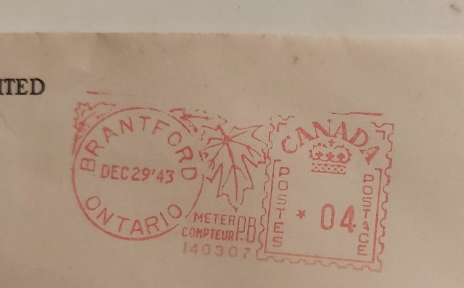 RARE 1943 « COCKSHUTT PLOW COMPANY LTD » BUSINESS ENVELOPE -EMPTY -(BRANTFORD,ONT)