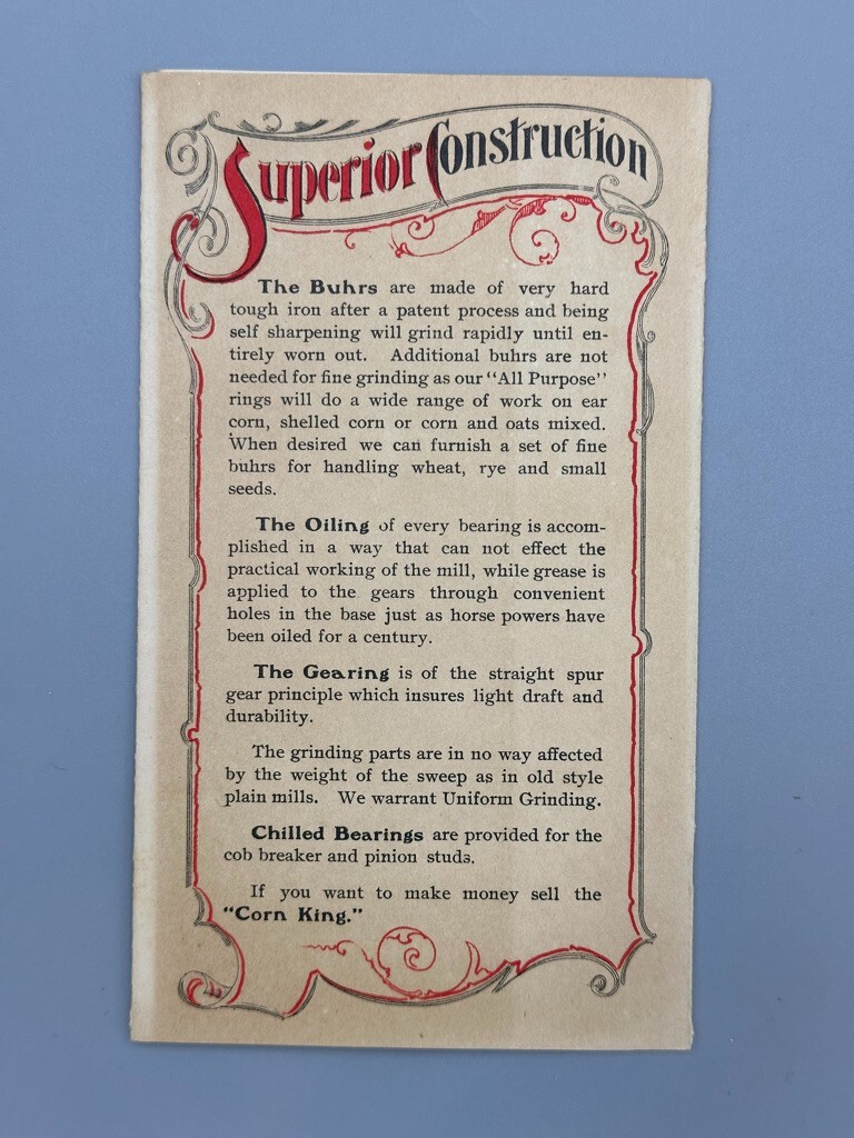 c 1900 CORN KING Grinder Mill FARM Advertising Folding Trade Card WATERLOO Iowa