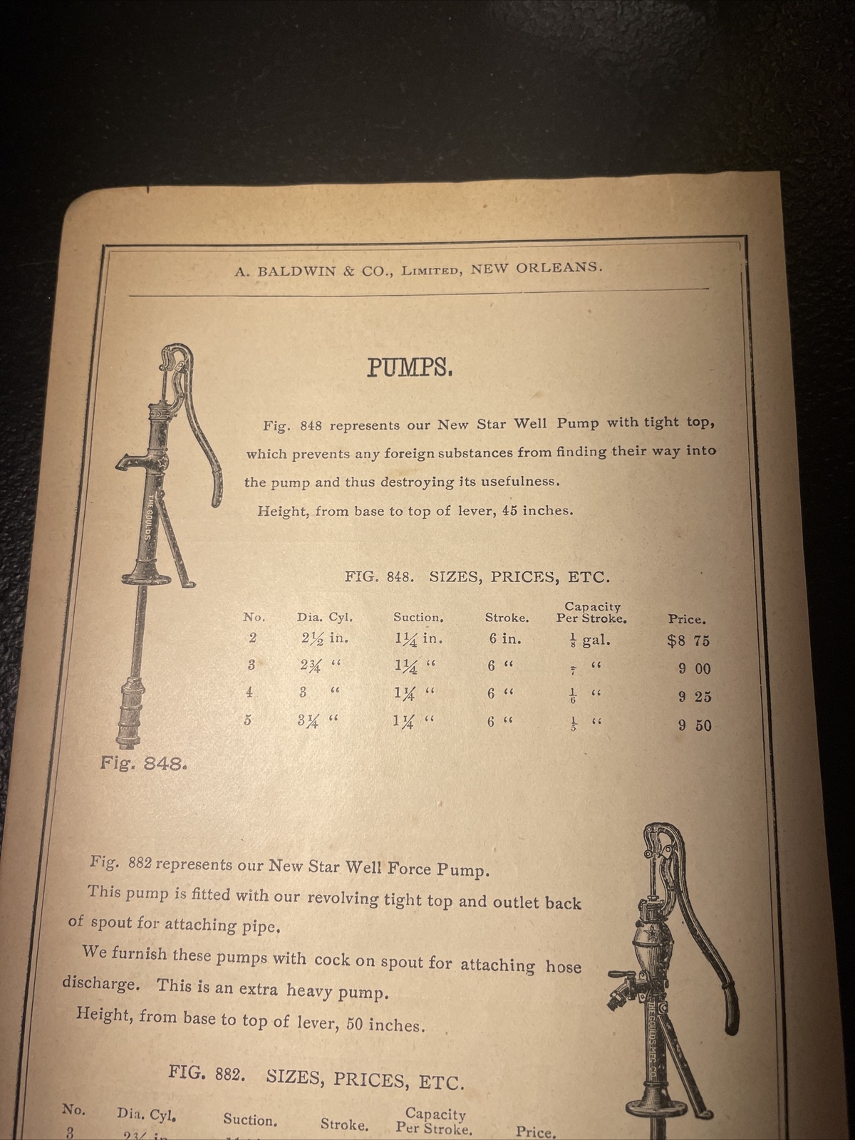 1891 Baldwin – Star Water Well Force Pump – Farm Advertising – New Orleans