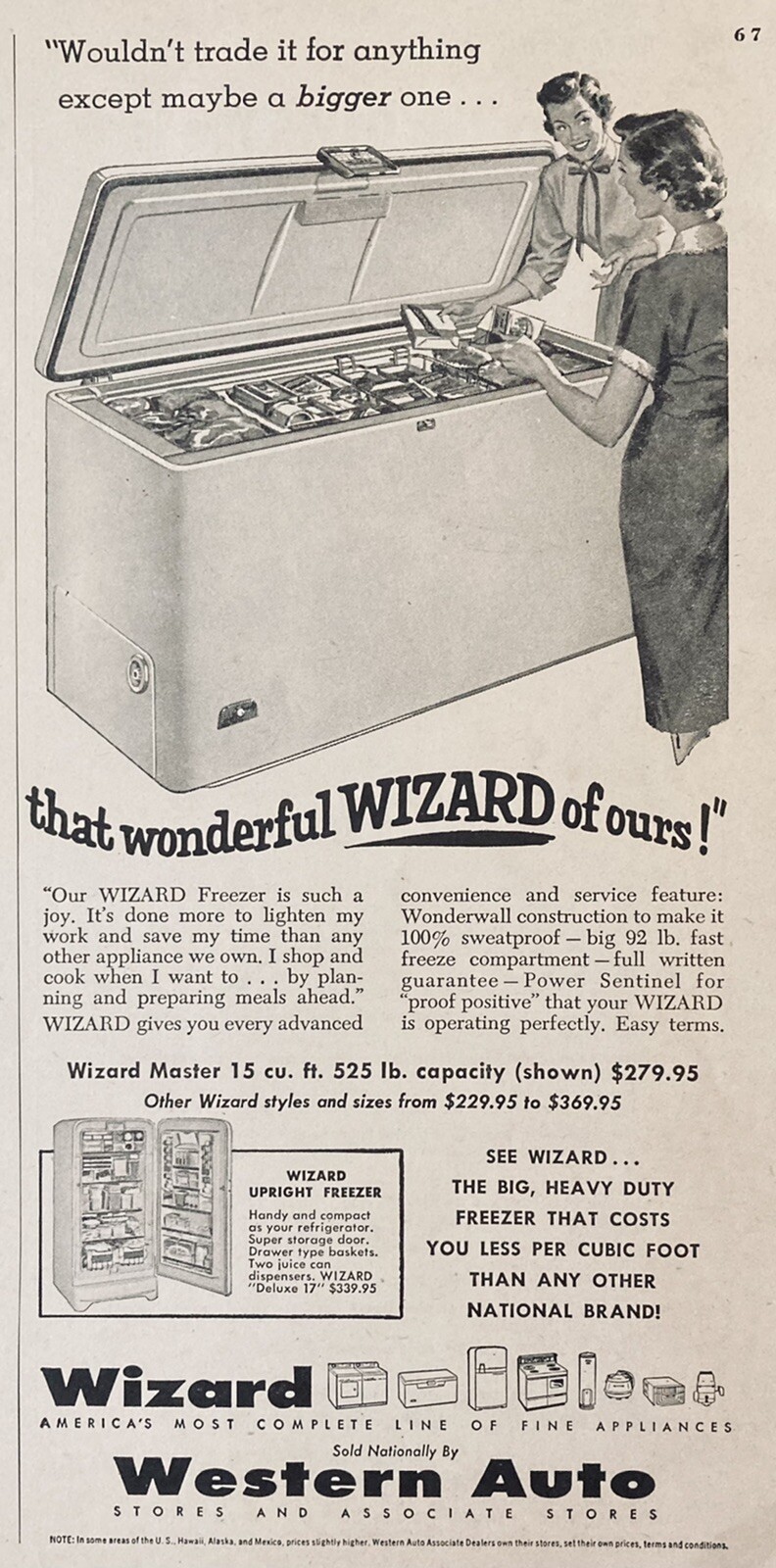 1956 AD.(XH12)~WESTERN AUTO STORES, “WIZARD” FREEZER