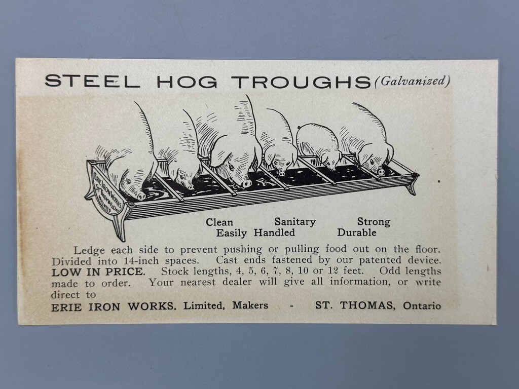 c 1900 ERIE IRON WORKS Cattle HOG TROUGH Hay Rack PLOW Farm Advertise Trade Card