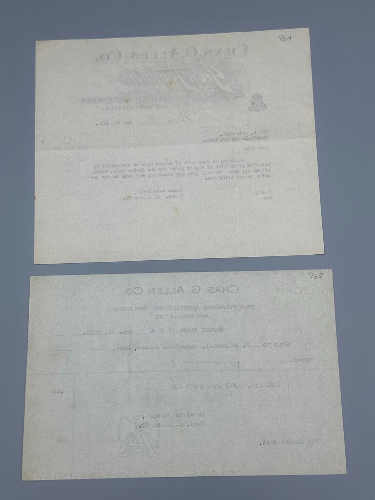 1923 Chas Allen IRON FOUNDERS Antique FARM MACHINERY Advertising Letter BARRE MA