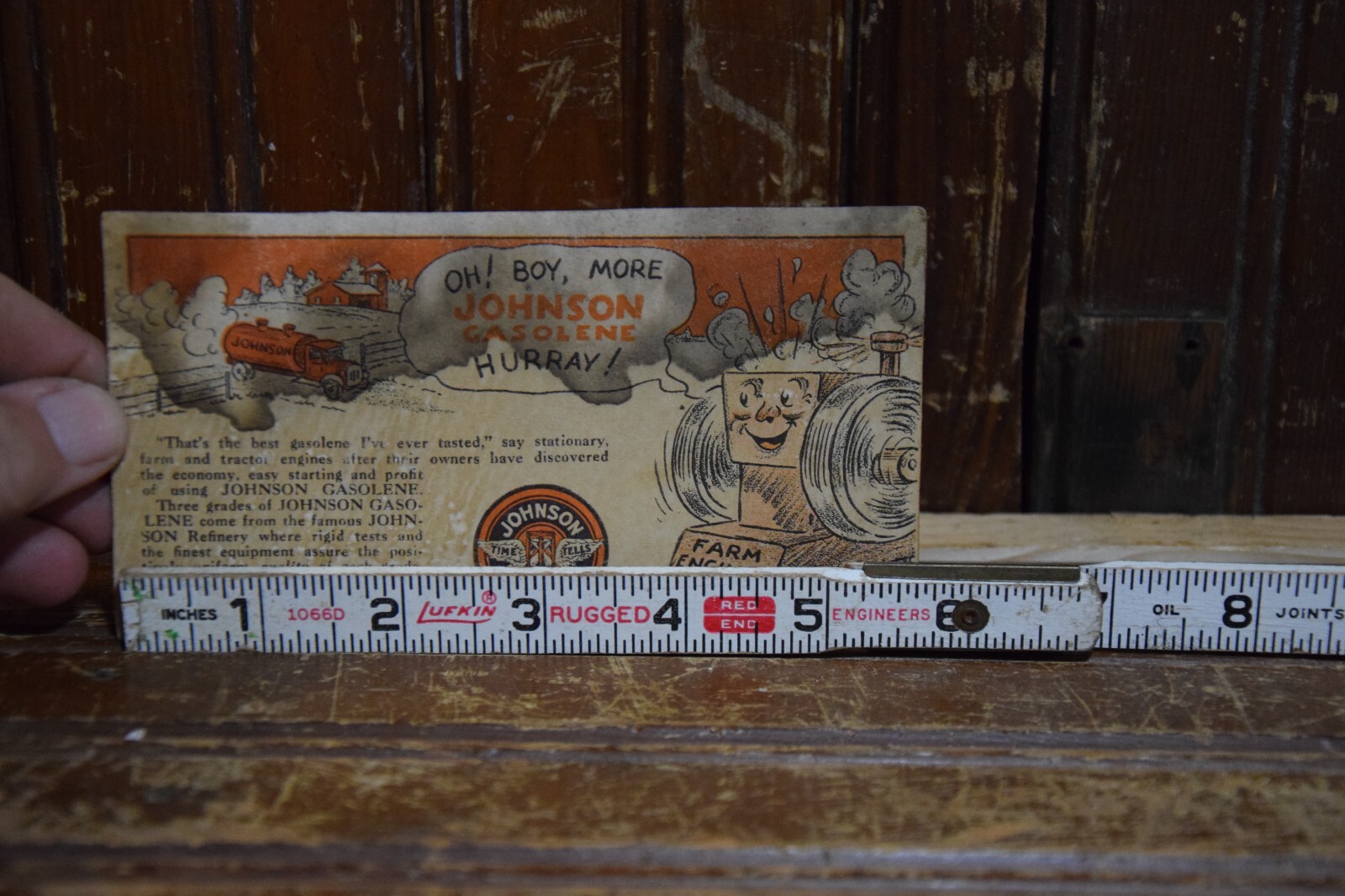 JOHNSON TIME TELLS GASOLINE FARM ENGINE TRACTOR GRAIN MILL DISPLAY SIGN FARMING