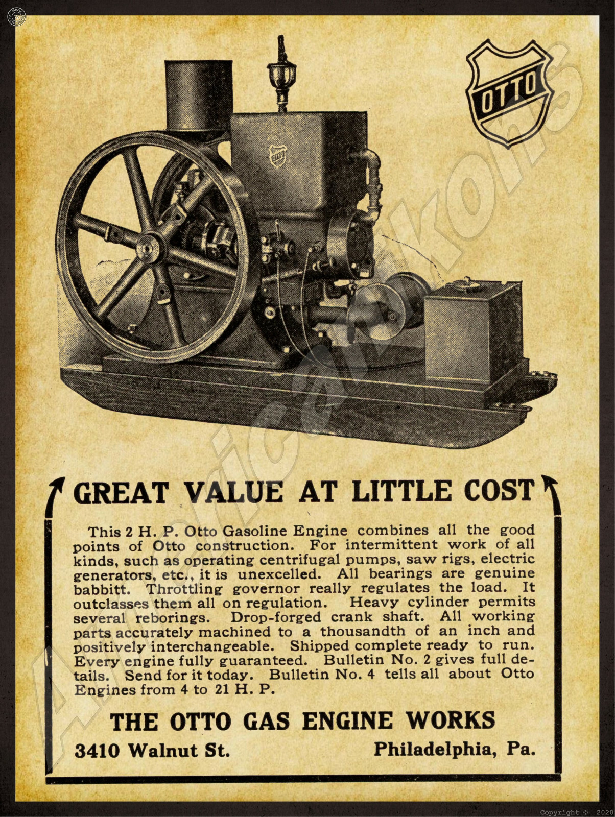 1912 Otto Gas Engines New Metal Sign: Two HP Model – Philadelphia, Pennsylvania