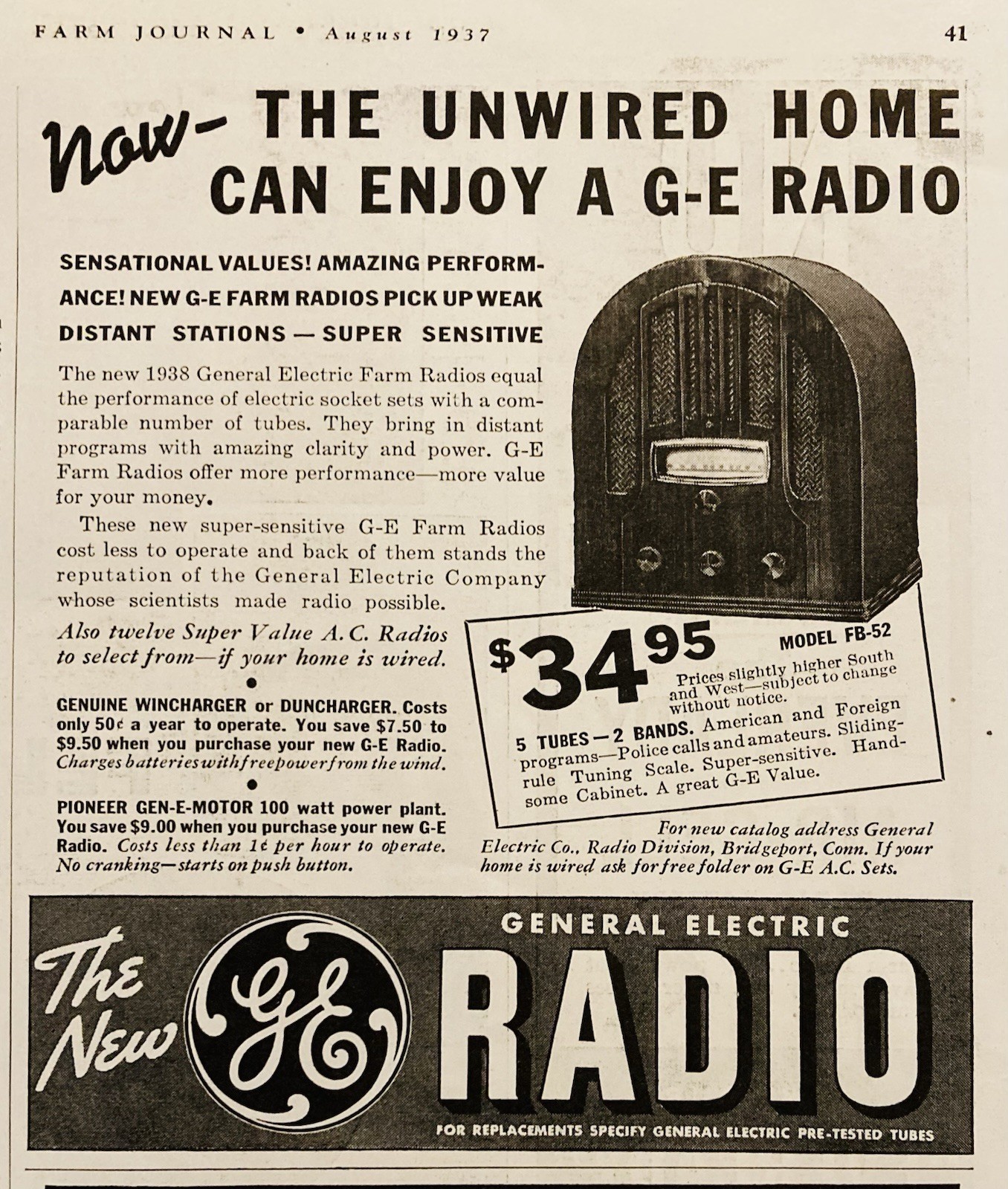1937 AD.(XH84)~GENERAL ELECTRIC RADIO DIV. BRIDGEPORT, CONN. G-E FARM RADIO