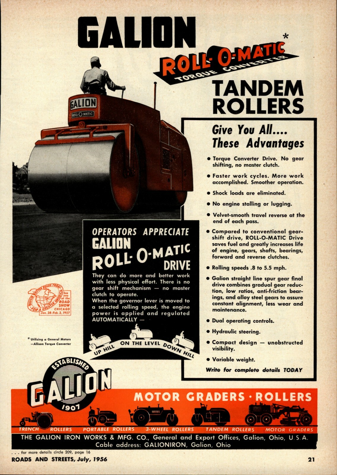 1956 Galion Iron Works Equipment Print Advertisement: Roll O Matic Tandem Roller
