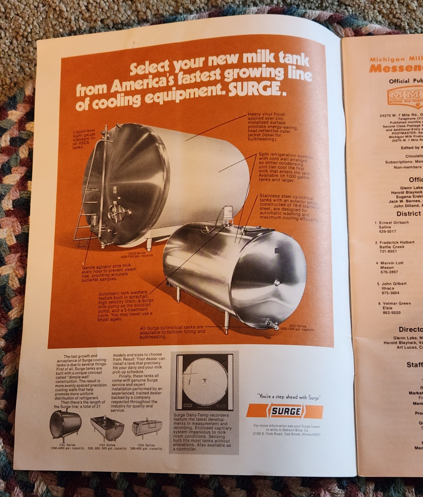 SURGE Farm bulk Tank Cooler AD In Vintage 1975 Michigan Milk Messenger Magazine