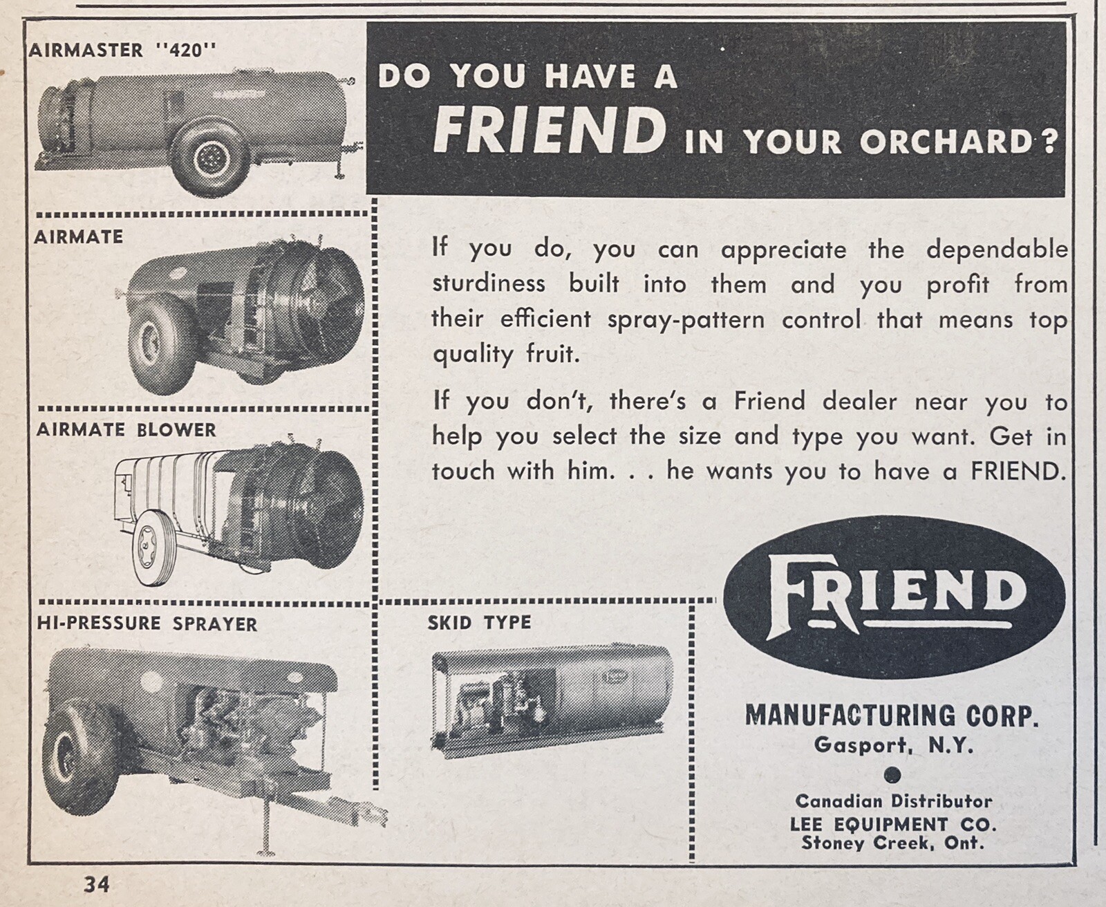 1958 AD.(XF19)~FRIEND MFG. CO. GASPORT, NY. FRIEND ORCHARD SPRAYERS