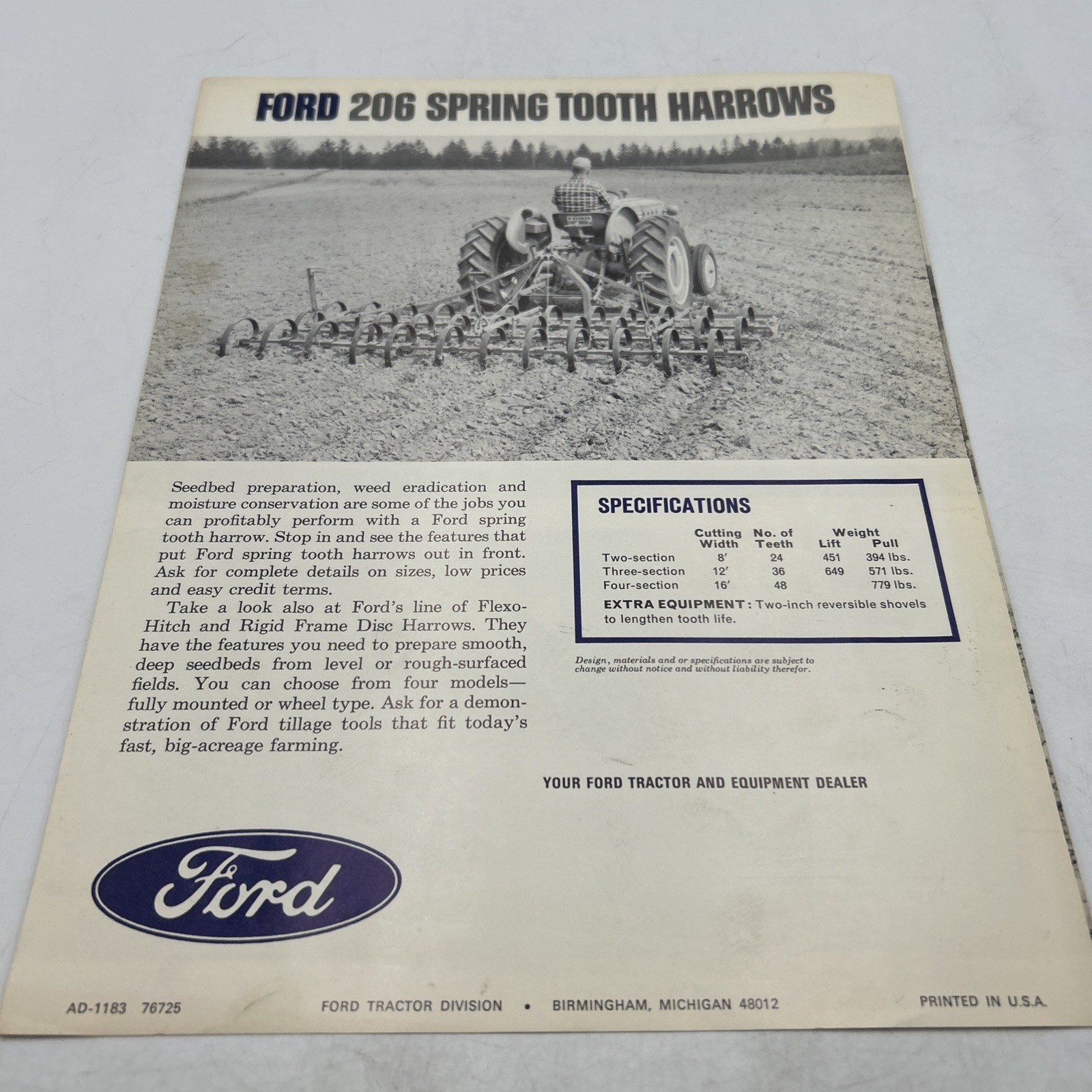 Vintage Ford 206 Spring Tooth Harrows Brochure