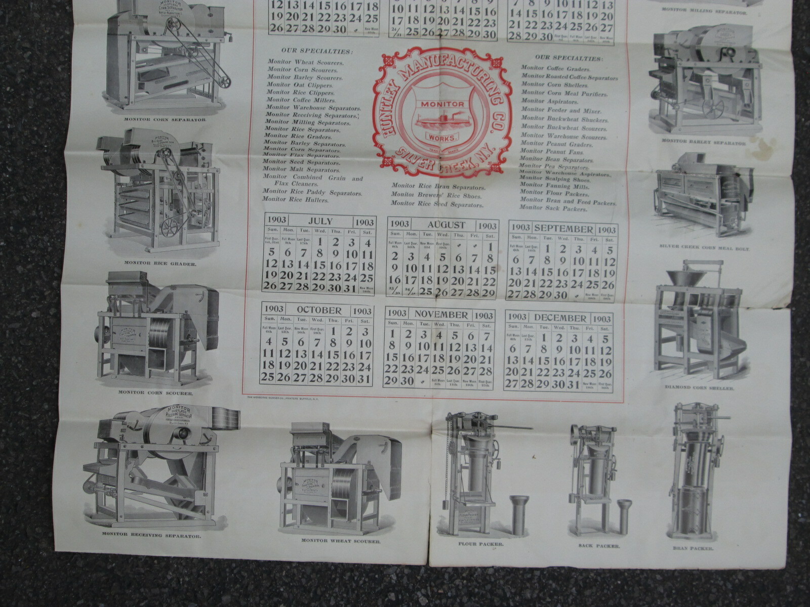 1903 Machinery Calendar Sign Poster, Silver Creek NY Huntley Grain Cleaning Mfg.