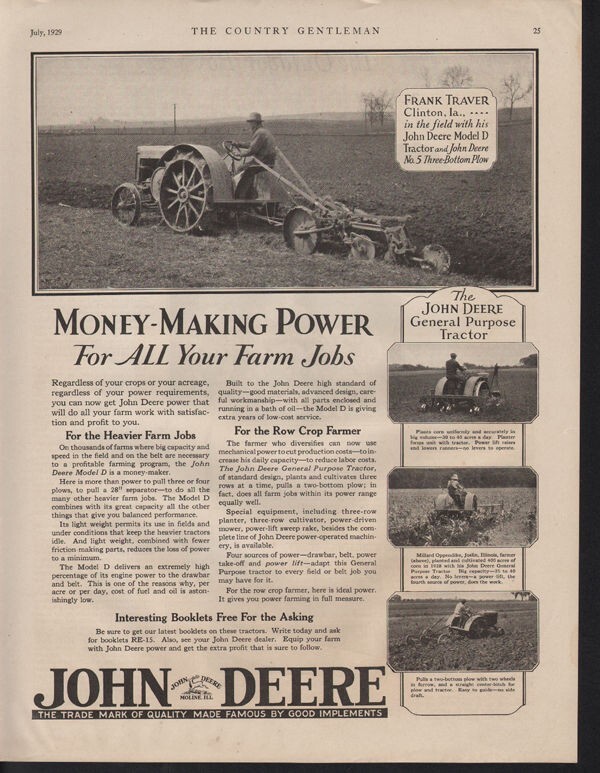 1929 JOHN DEERE TRACTOR FRANK TRAVER CLINTON IOWA FARMER MODEL D AD 10312