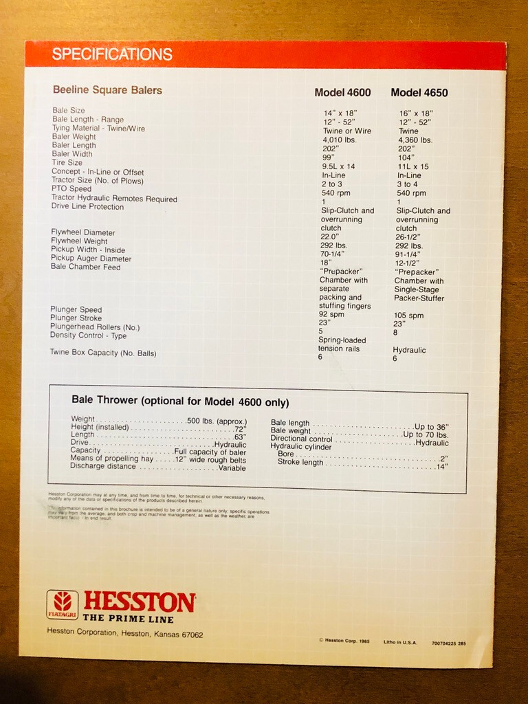 1985 HESSTON 4600 & 4650 14&Prime; x 18&Prime; & 16&Prime; x 18&Prime; Beeline Square Balers Brochure