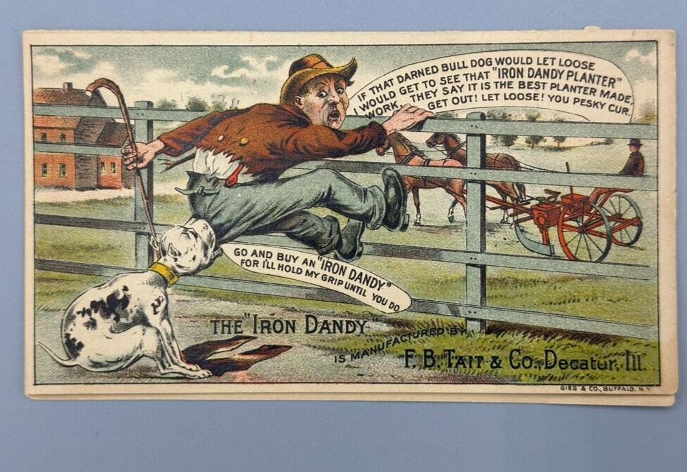 1880s IRON DANDY Tait FARM MACHINERY Advertising Folding Trade Card DECATUR Ill