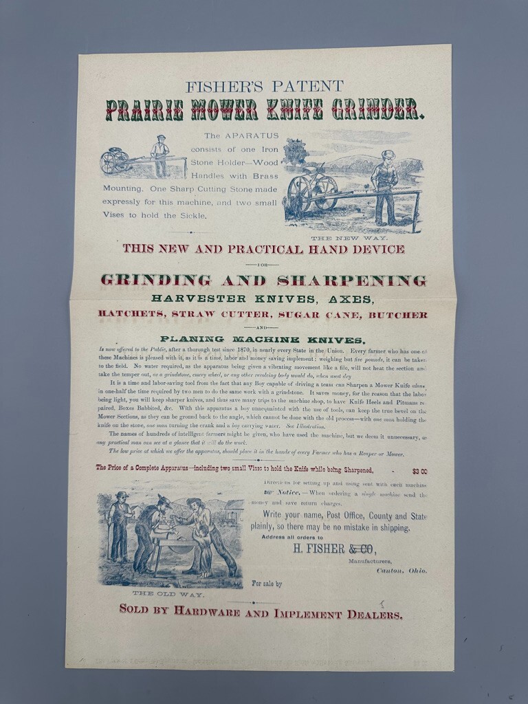 1890s Fisher&rsquo;s PRAIRIE MOWER KNIFE Grinding SHARPENER Canton OH Advertising FARM