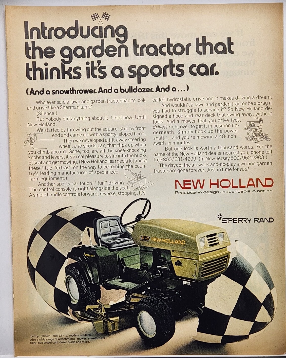 1971 New Holland S-14 Garden Tractor Green Retro Original Print Ad Life Magazine