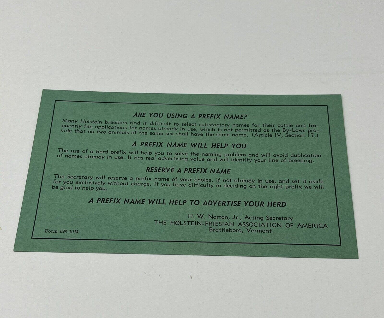 1940&rsquo;s The Holstein Friesian Association Of America Prefix Name Card Farming
