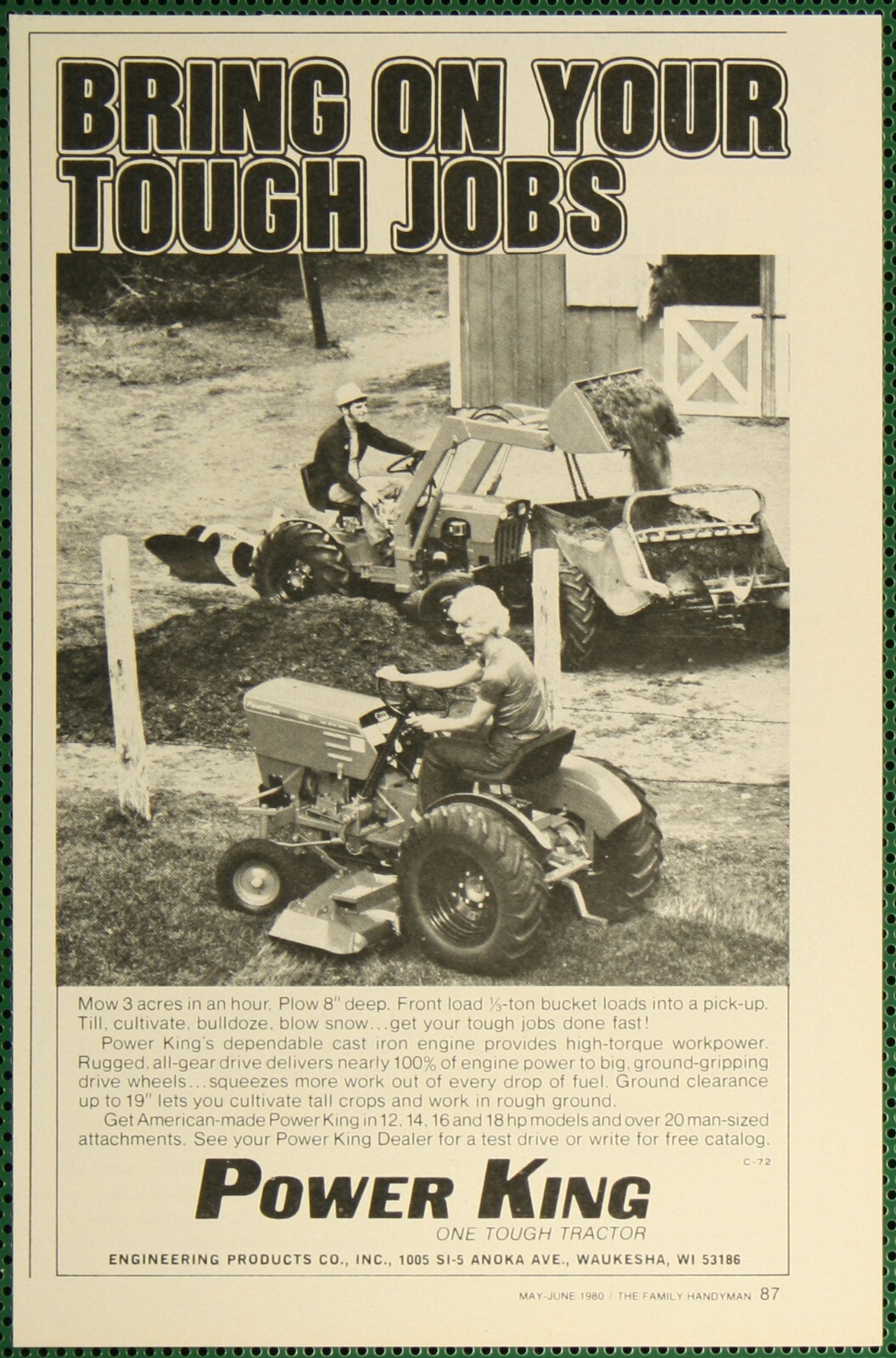 Power King Tractor Loader Plow 12hp to 18hp Waukesha WI Vintage Print Ad 1980