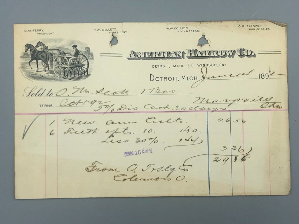 1892 AMERICAN HARROW Plow Receipt Antique FARM Advertising DETROIT Michigan