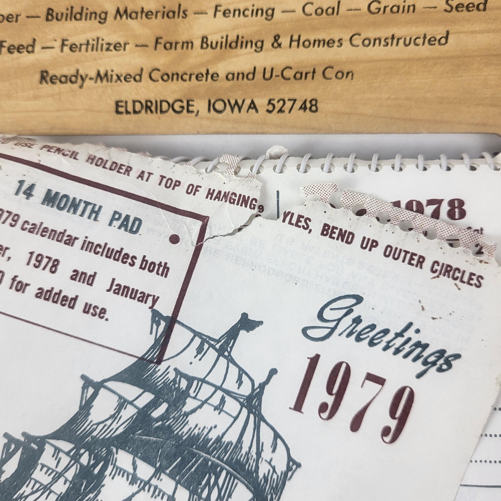 Vintage Eldridge Cooperative Co Brown Wall Calendar Sign 1979 Iowa Advertising