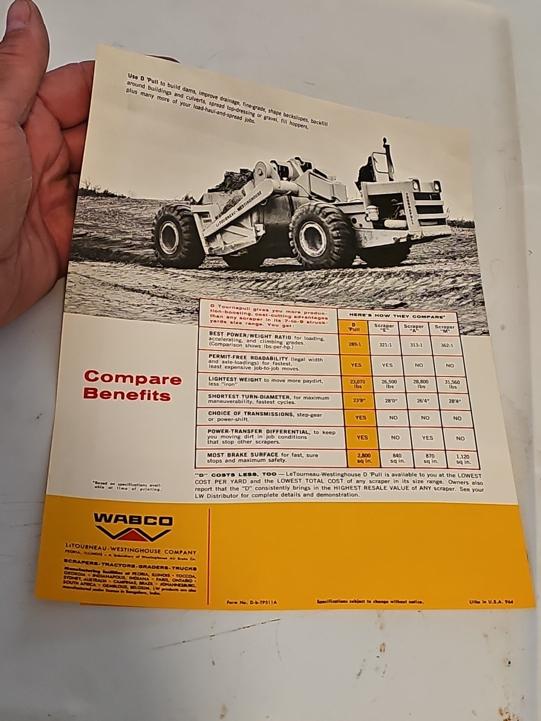Wabco Le Tourneau D Tournapull Brochure Spec Sheet Foldout
