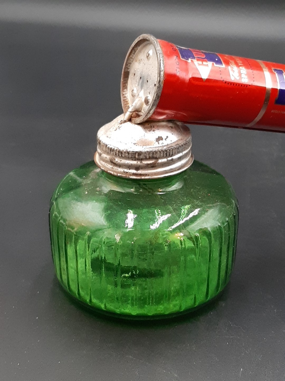 Vintage Hudson Pump Duster Bug Sprayer Green Glass Bottle Jar Metal Wood Fogger