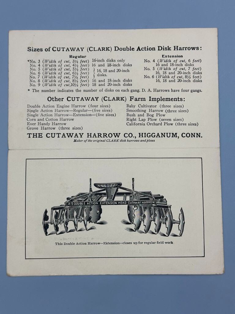 c 1900 Horse Pulled Cutaway Harrow FARM ADVERTISING Brochure HIGGANUM CT