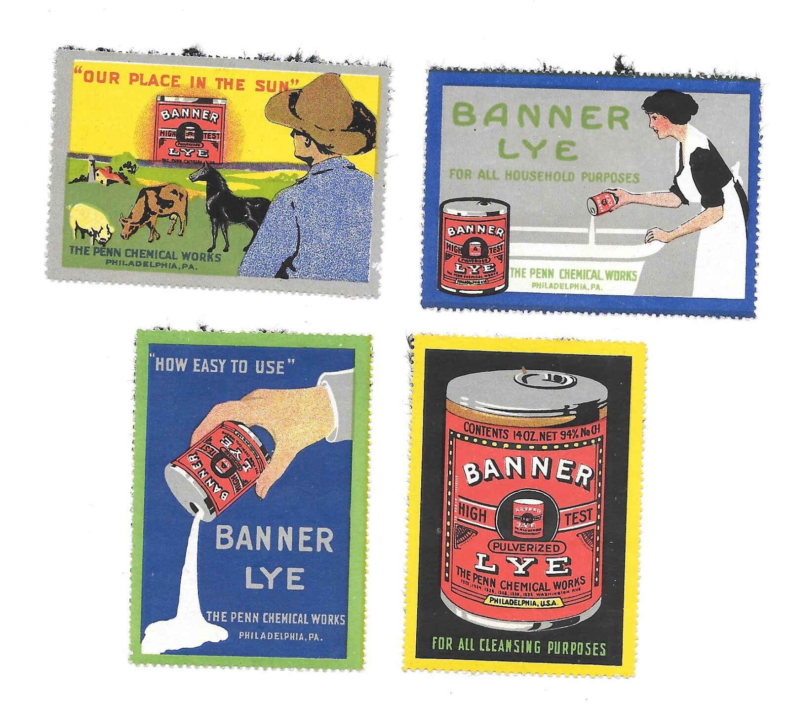 Vintage Poster Stamp Label set of 4 BANNER LYE farm cleaning can pouring
