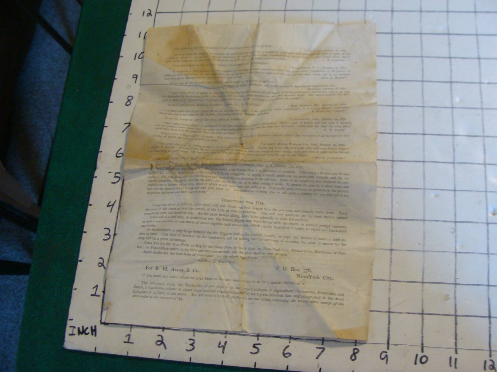 orig. Patented Potato Digging Plow info paper folded, as shown, 1800&rsquo;S