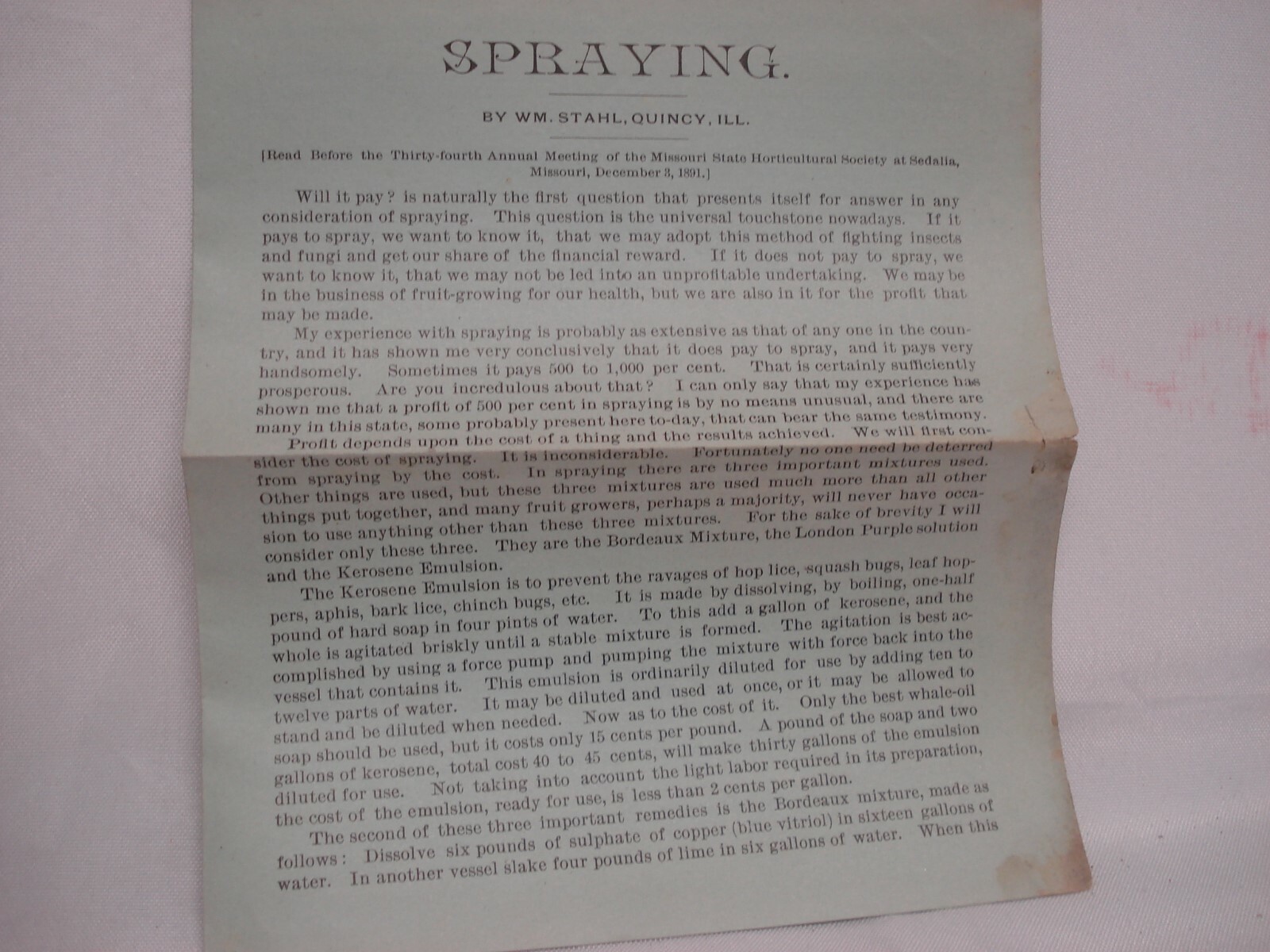 1892 WILLIAM STAHL EXCELSIOR FRUIT TREE SPRAYING EQUIPMENT SALES AGENT LETTER