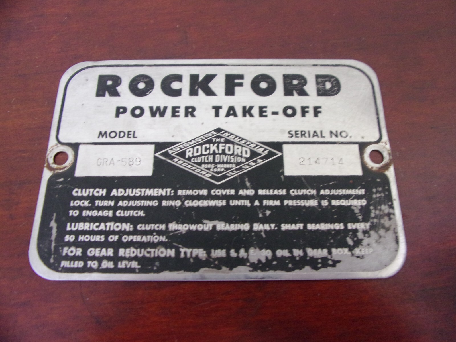 Vintage Rockford Power Take-Off Metal Tag/Plate Model GRA-589