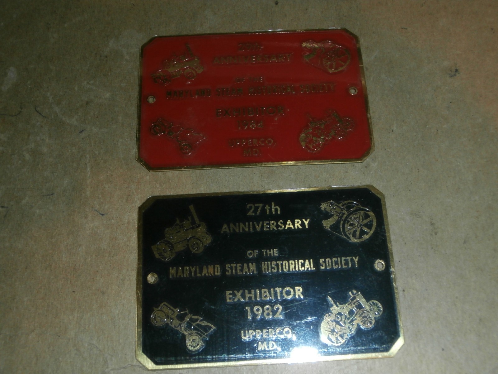 2 Vintage Brass Dash Plaques Maryland Steam Historical Society Upperco 1982 1984