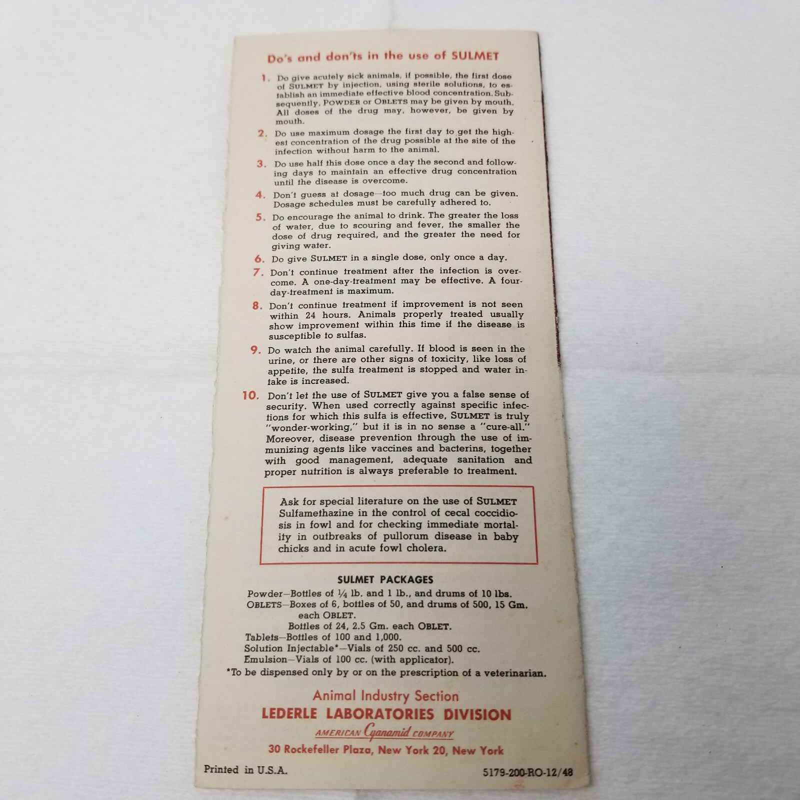 Sulmet Sulfamethazine Sales Brochure 1948 For All Animals Lederle Laboratories