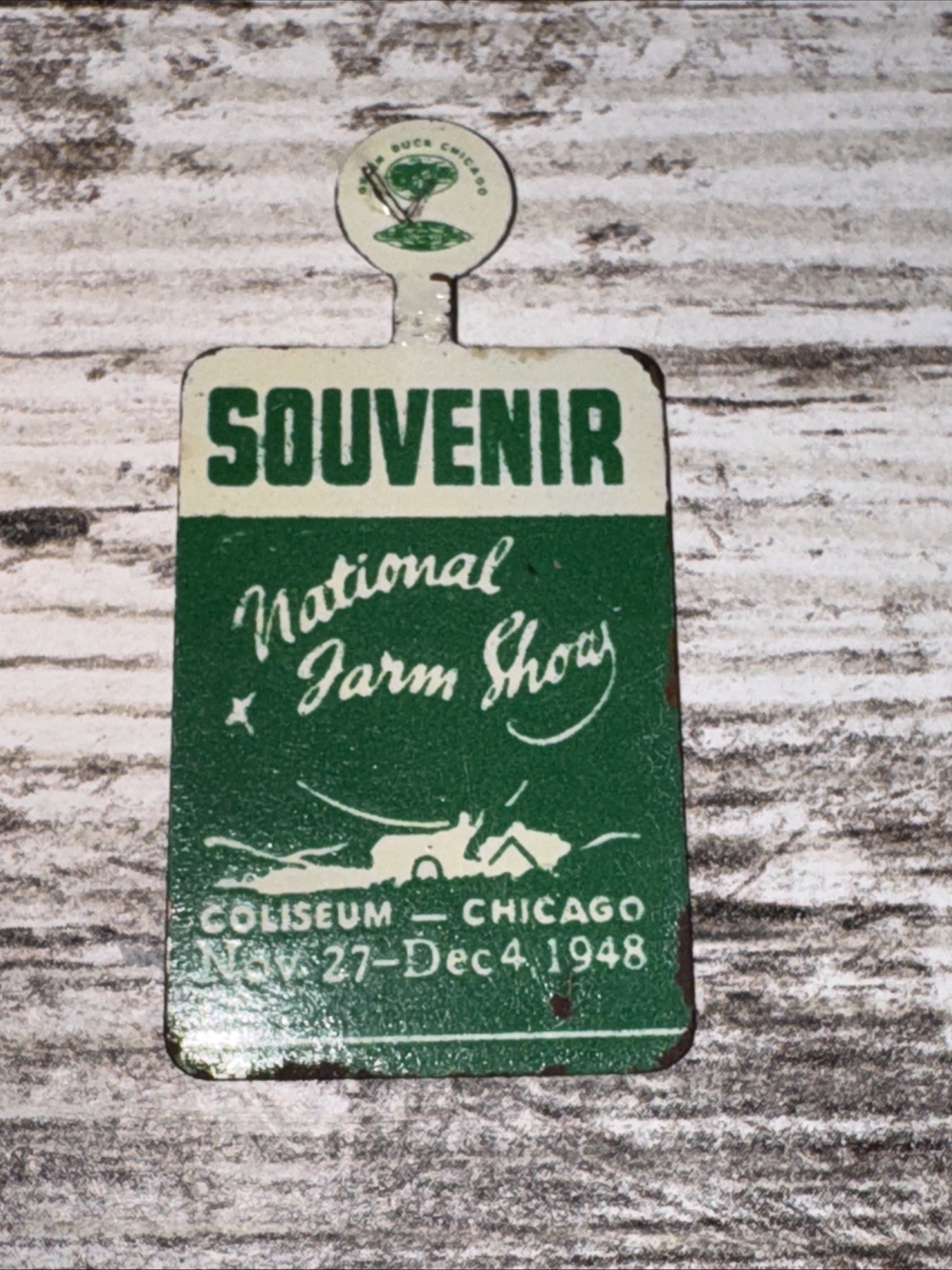 Vintage National Farm Show 1948 Coliseum Chicago IL Foldback Souvenir Pin Badge