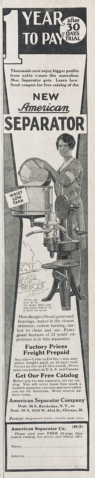 1928 AD.(XH16)~AMERICAN SEPARATOR CO. BAINBRIDGE, NY. NEW AMERICAN SEPARATOR