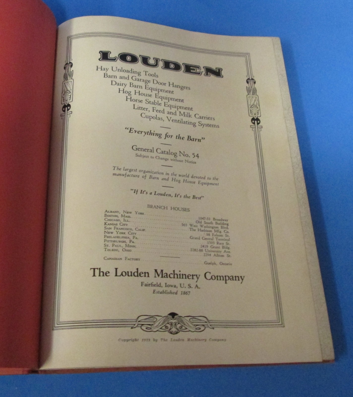 Louden Manufacturing Co Fairfield, Iowa HB catalog farm equipment #54 1929 rj
