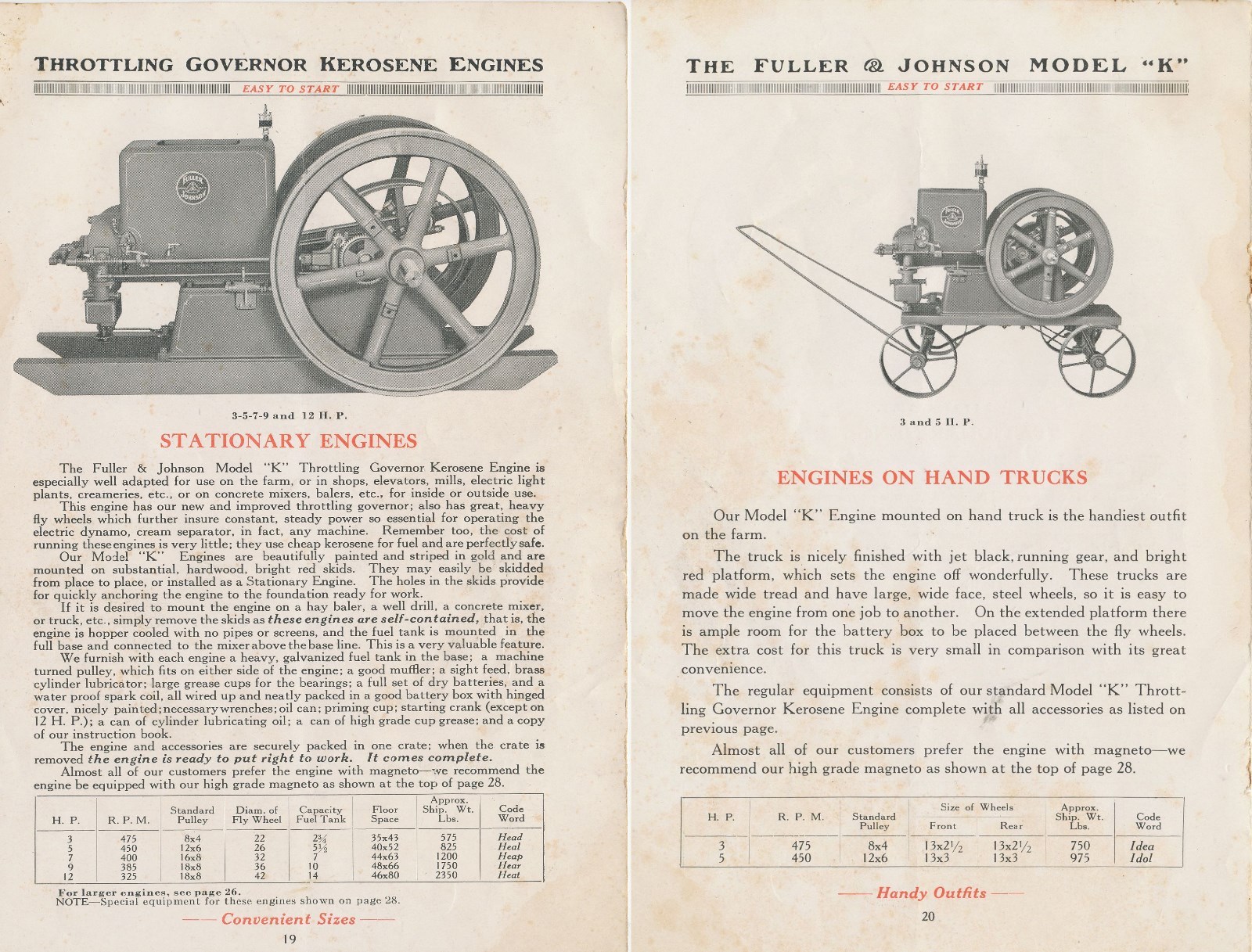 ORIGINAL FULLER & JOHNSON ENGINES Catalog Sheet – STATIONARY & HAND TRUCK
