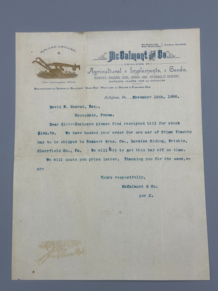 1888 ROLAND CHAMPION PLOW Bellefont PA McCalmont Antique Farm Advertising Letter