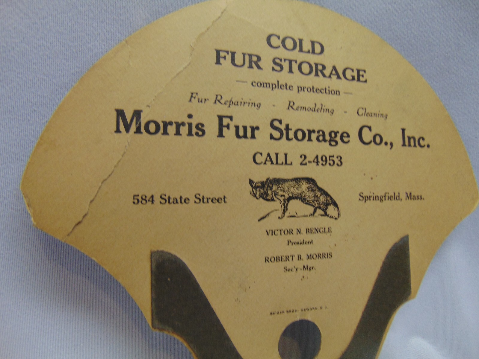 Vintage Morris Fur cold Storage Co Cardboard Advertisement Springfield Mass 10&Prime;