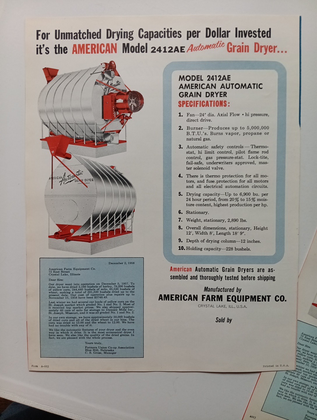 3 American Farm Equipment Co Sales Advertising Flyer Brochures 2412AE, 2420AE