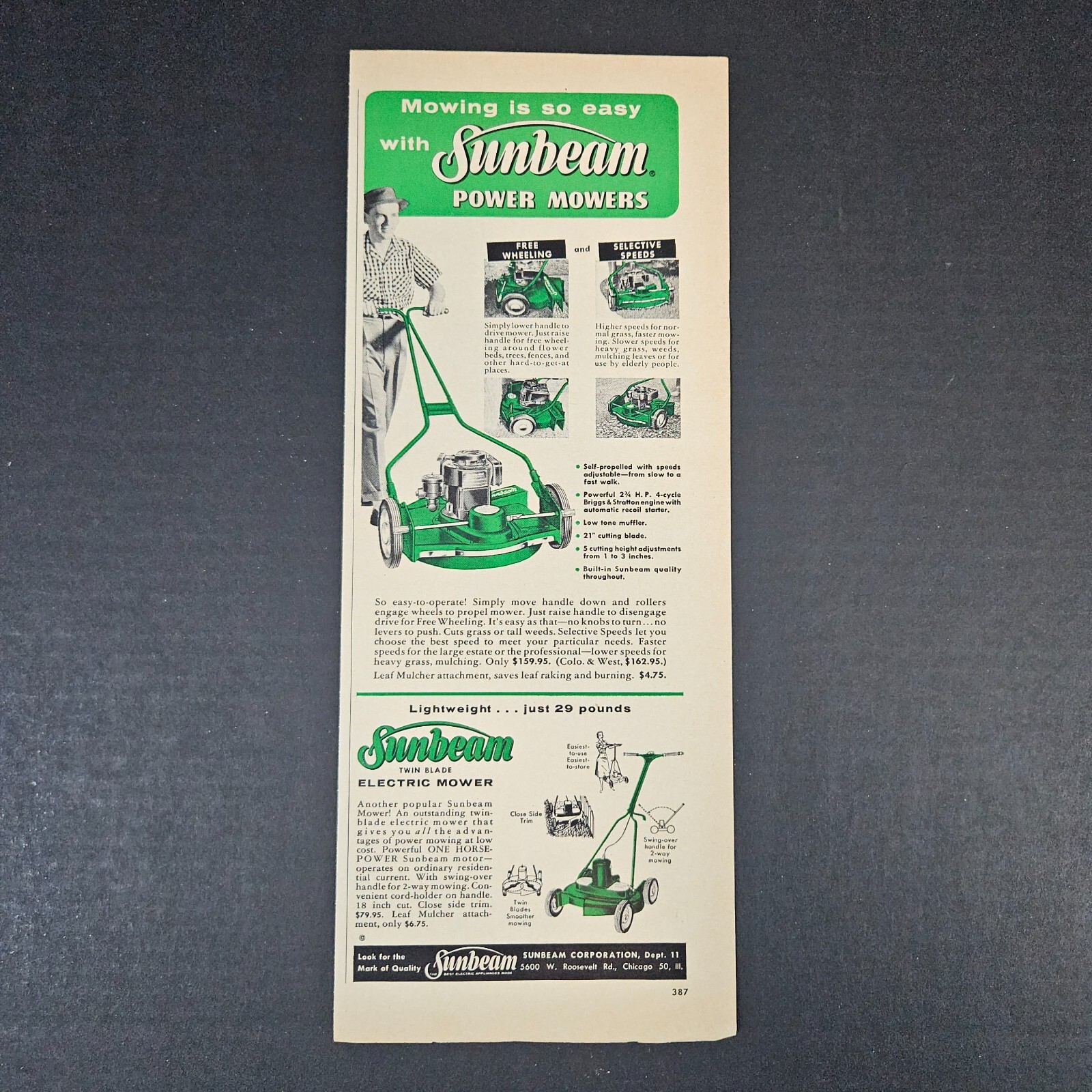 1957 Sunbeam Power & Electric Mowers Vintage Print Ad Twin Blade Attachments